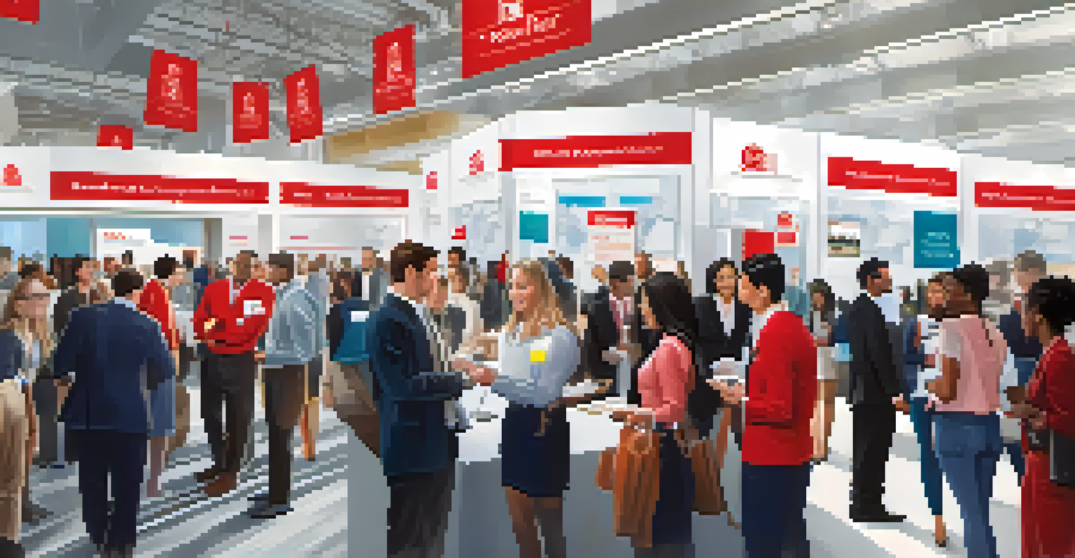 A busy career fair with students networking in professional attire and company representatives at their booths.
