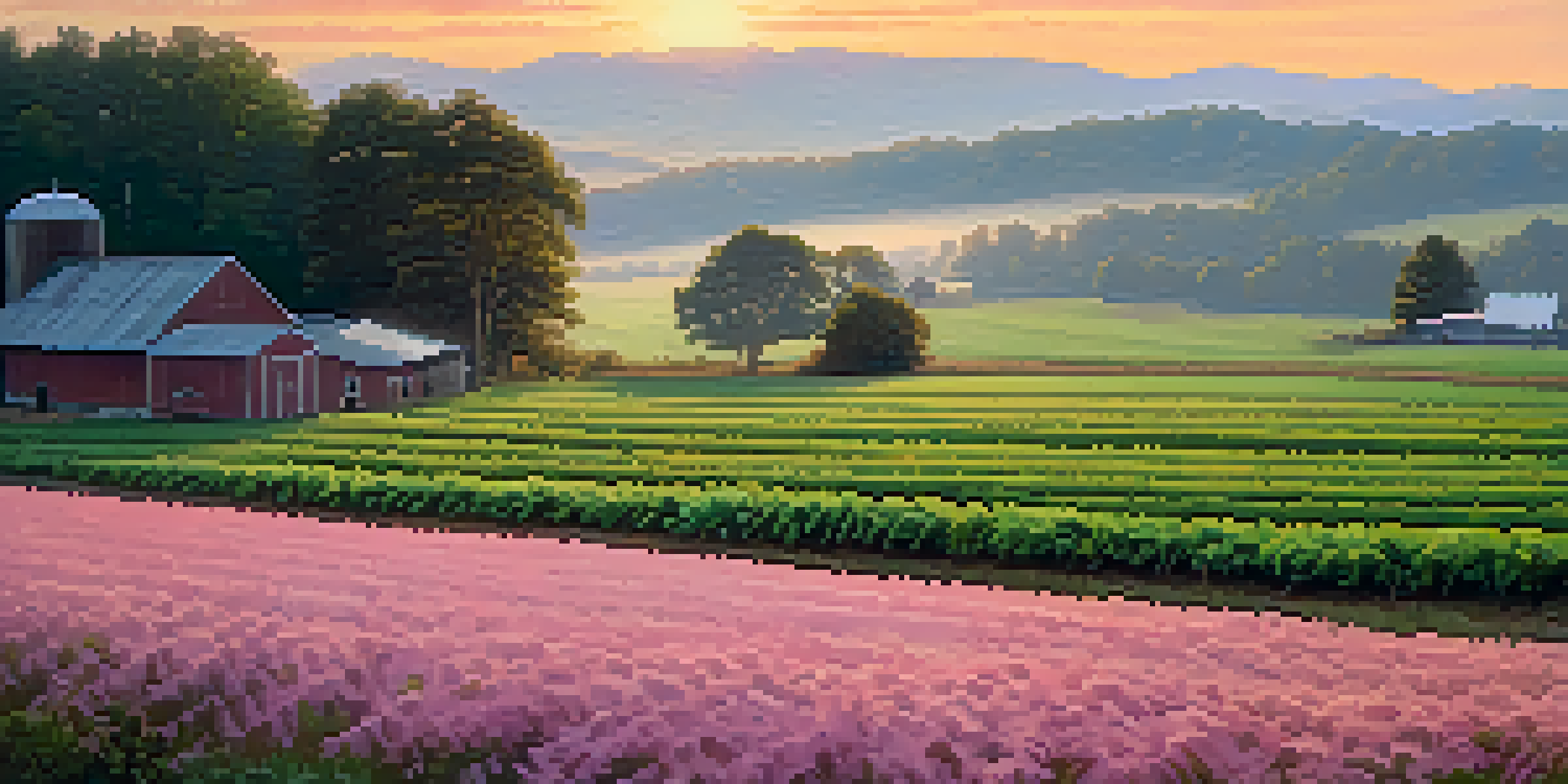 A scenic view of a North Carolina farm at sunrise, with farmers tending to tobacco fields and a rustic barn in the background.