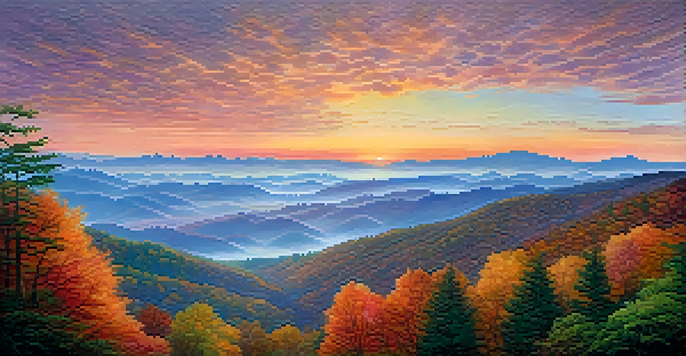 A panoramic view of the Blue Ridge Mountains at sunrise, with mist in the valleys and colorful skies.