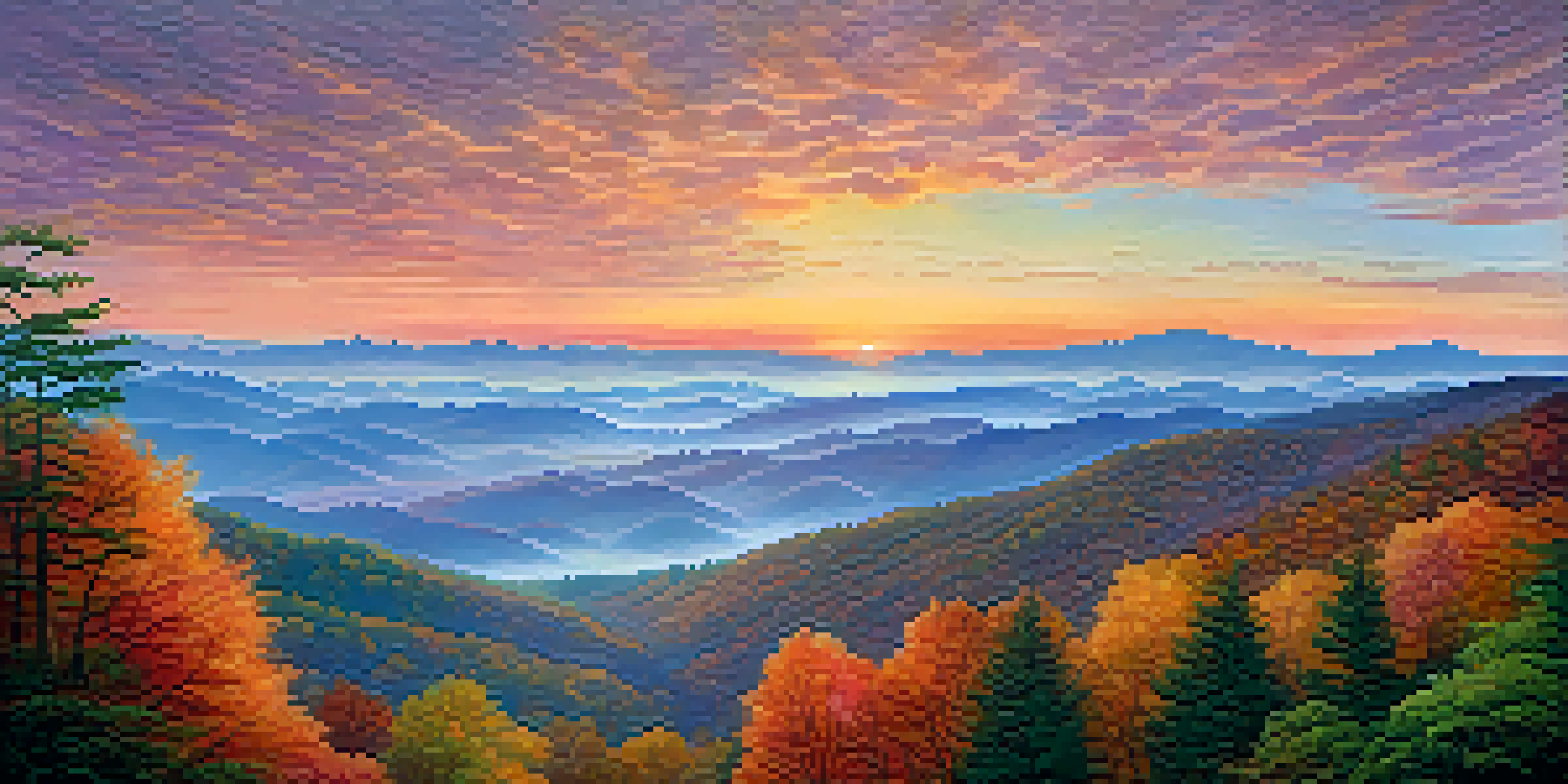 A panoramic view of the Blue Ridge Mountains at sunrise, with mist in the valleys and colorful skies.