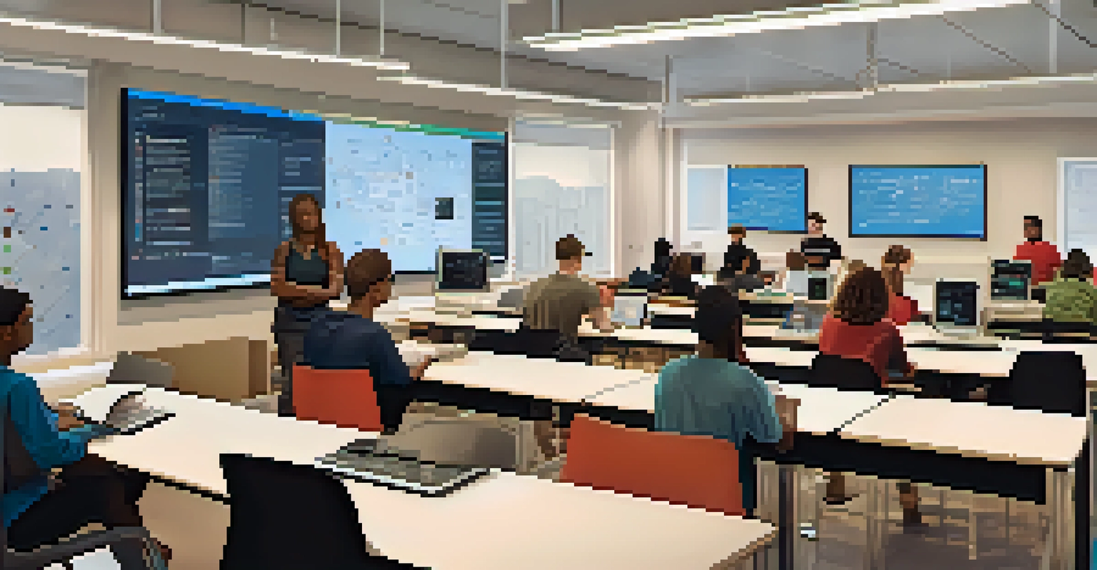 Students participating in a coding boot camp at North Carolina State University, surrounded by computers and learning materials in a bright classroom.