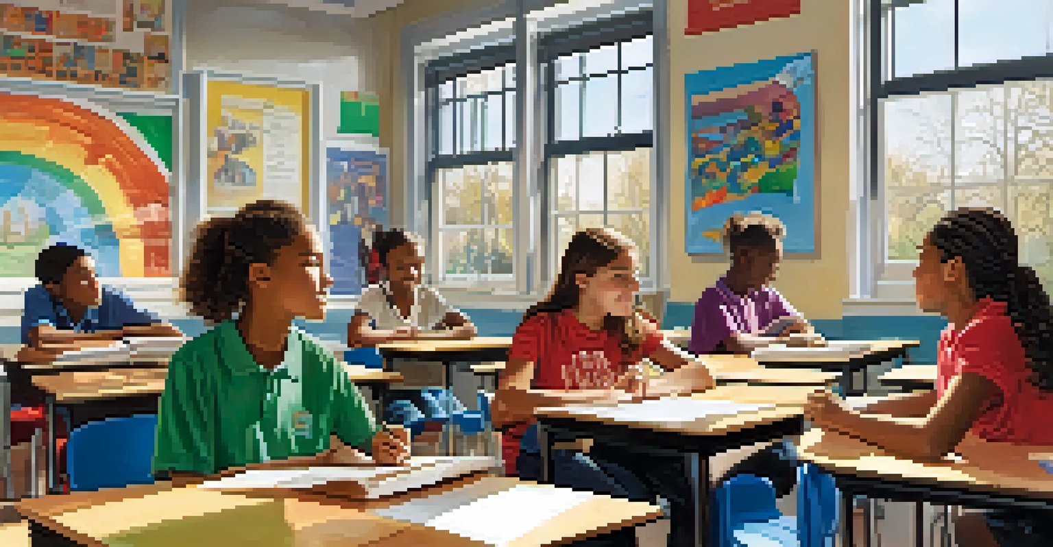 A classroom in North Carolina with diverse students collaborating on a project, filled with bright colors and sunlight.