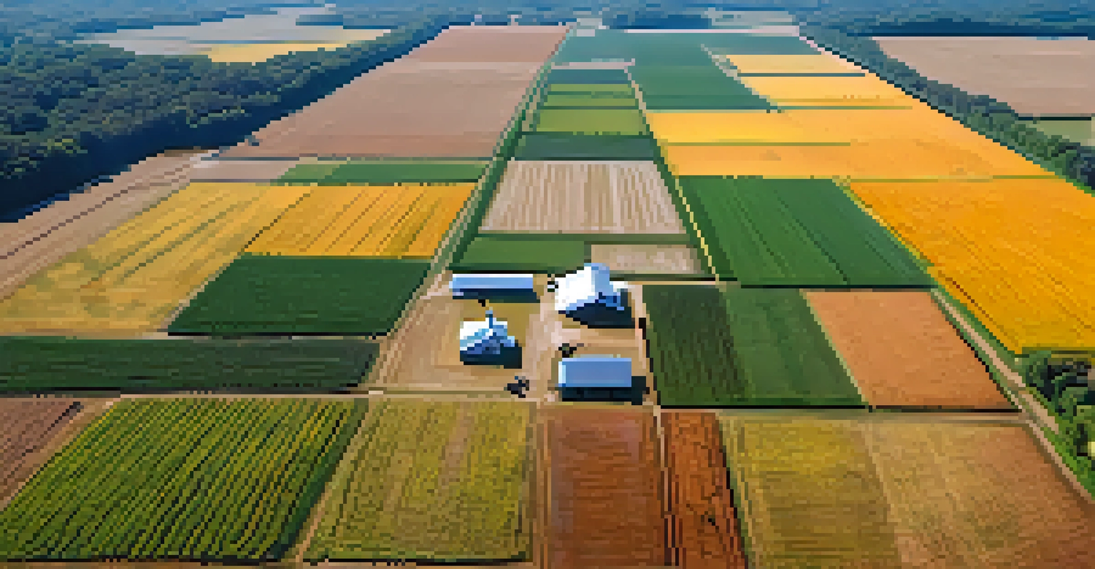 Aerial view of a North Carolina farm showcasing diverse crops and a drone monitoring the fields.