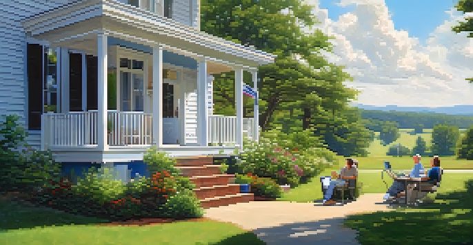 A rural North Carolina landscape with a small medical clinic and patients engaging in telehealth consultations on their porches.