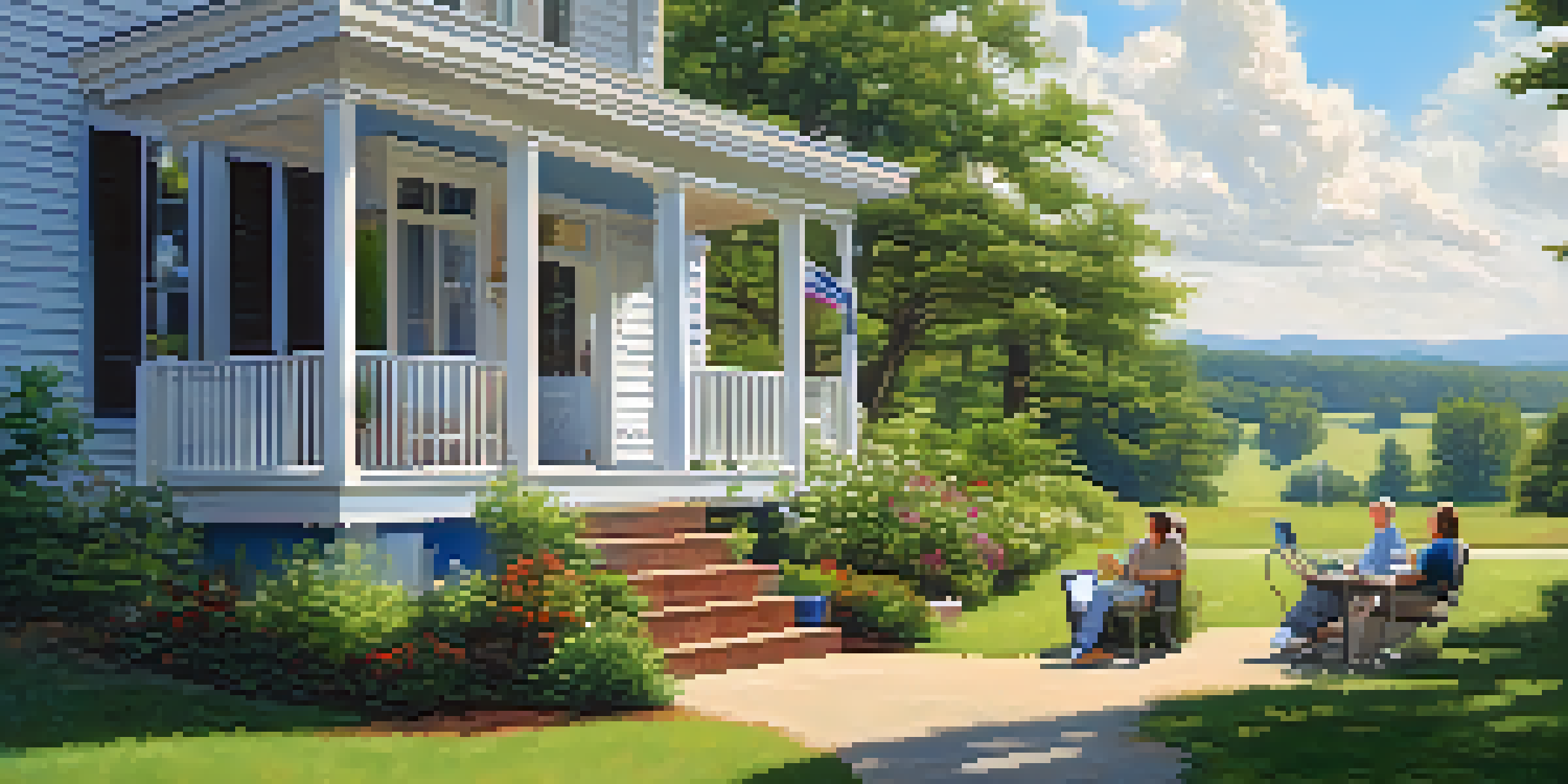 A rural North Carolina landscape with a small medical clinic and patients engaging in telehealth consultations on their porches.