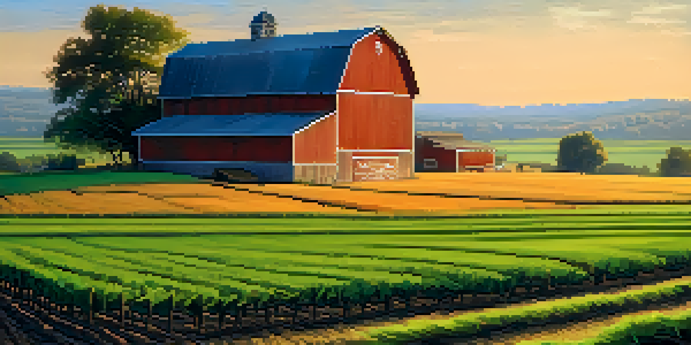 A picturesque agricultural landscape during sunset with green fields, a red barn, and a colorful sky.