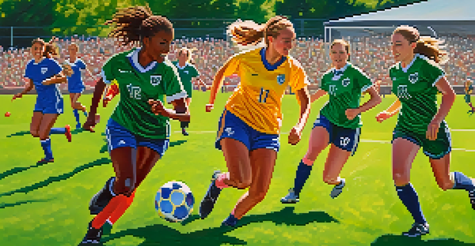 A diverse group of female soccer players in colorful uniforms actively playing a match under a bright sun, with a cheering crowd in the background.