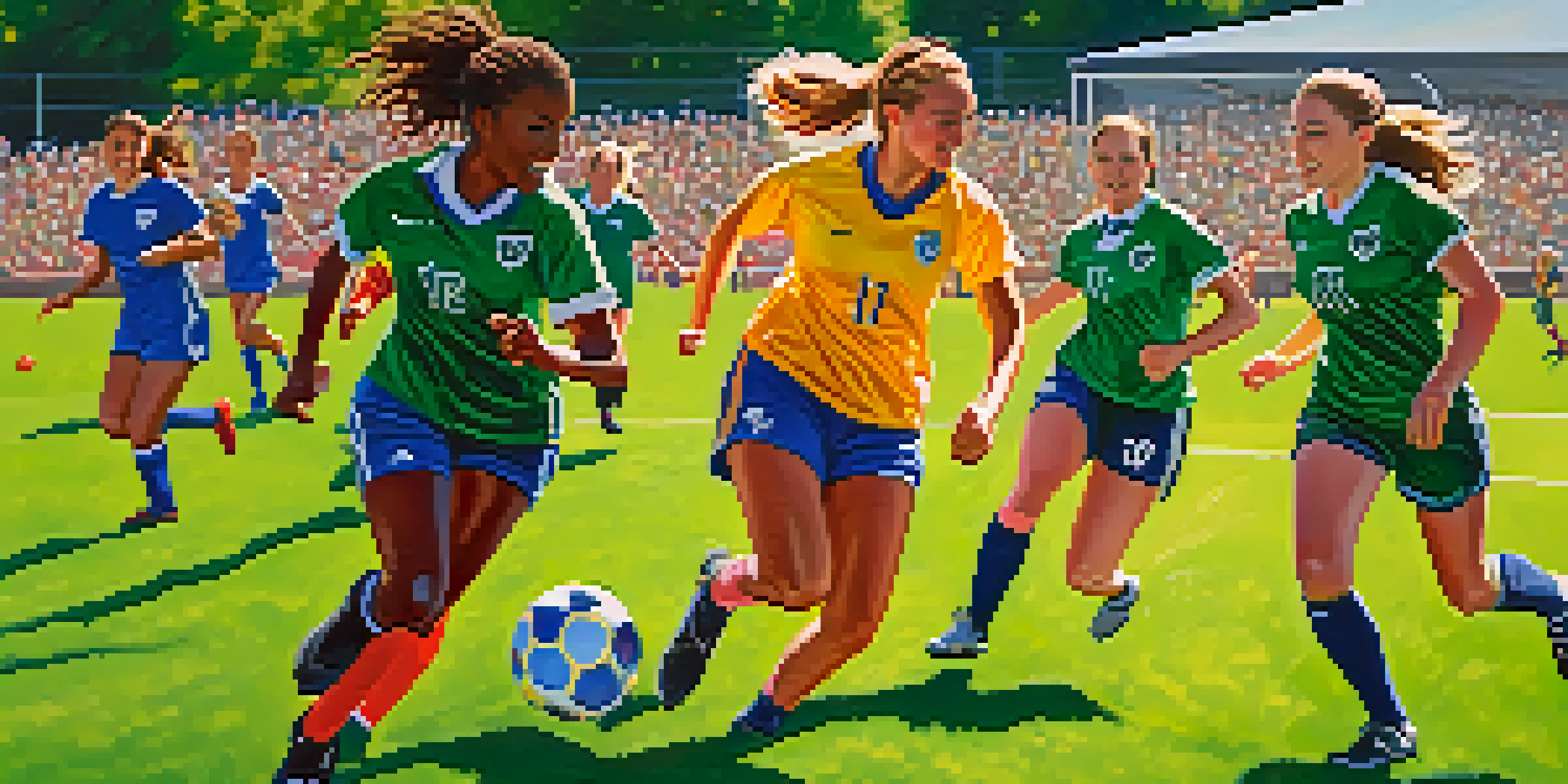 A diverse group of female soccer players in colorful uniforms actively playing a match under a bright sun, with a cheering crowd in the background.