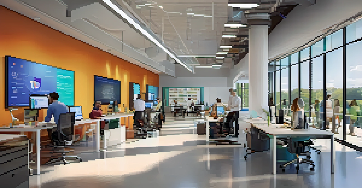 An interior view of a modern health tech startup office showing professionals collaborating in a bright workspace.