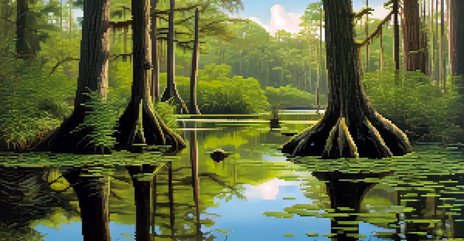 A close-up view of a freshwater swamp in North Carolina, showcasing cypress trees, clear water, and small aquatic creatures.