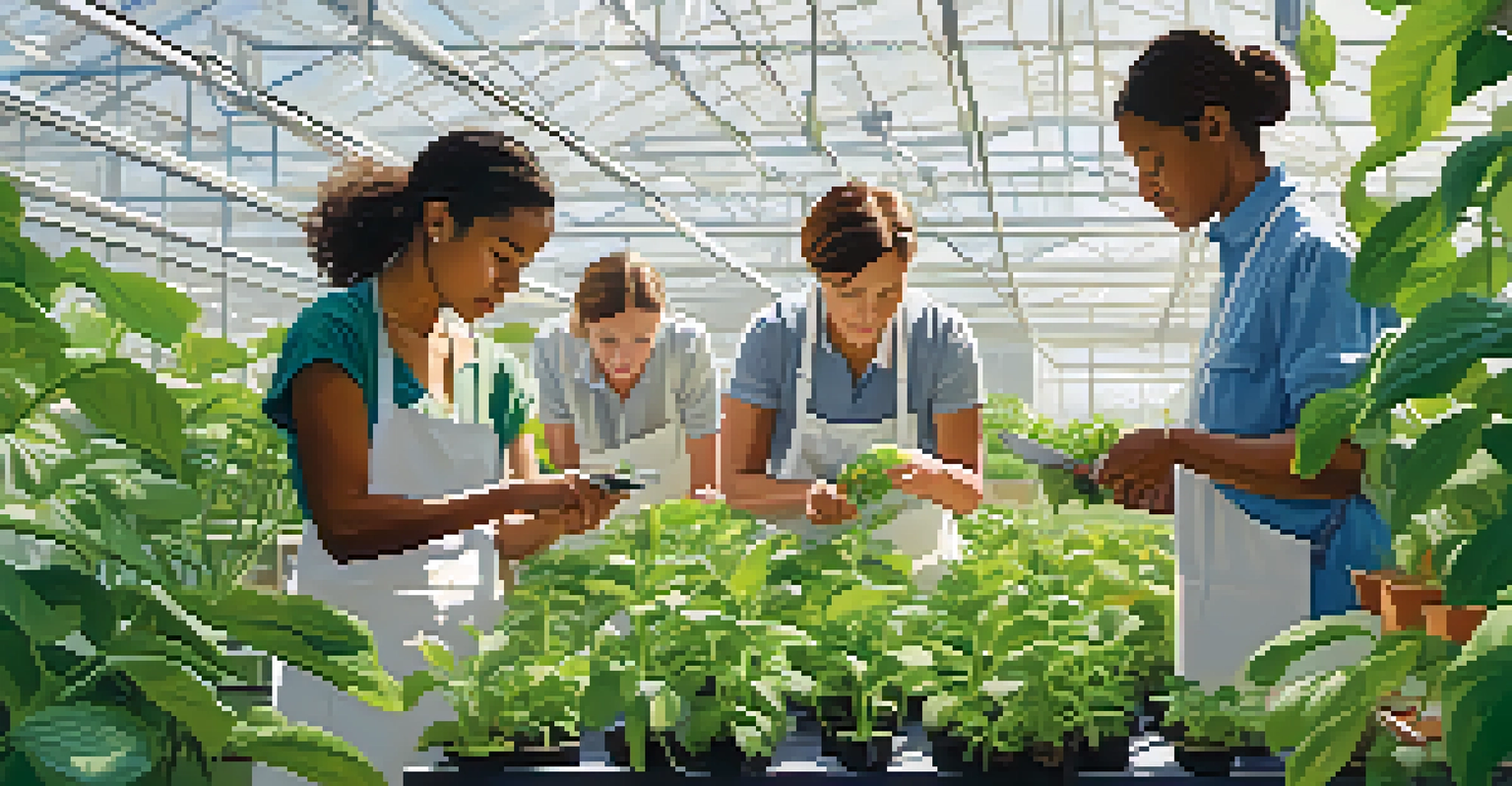 Researchers in a greenhouse studying plants, showcasing diversity and modern agricultural technology.