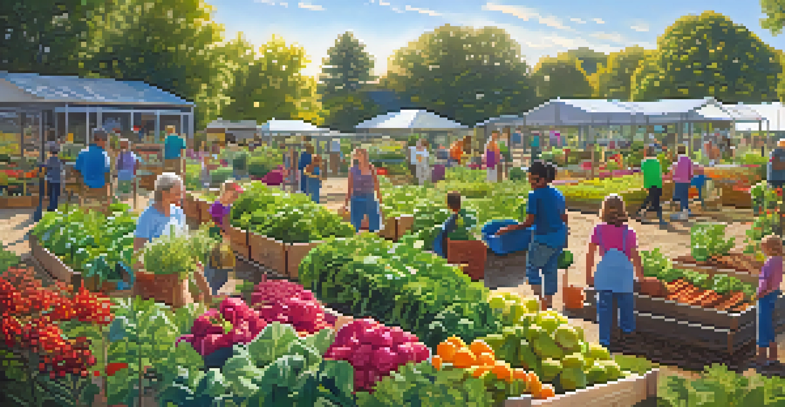 A community garden in North Carolina filled with vegetables and fruits, with diverse individuals planting and harvesting together.