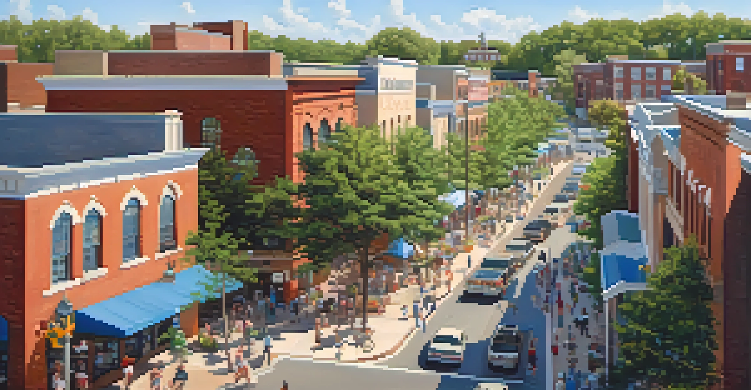 Aerial view of a vibrant North Carolina town featuring a mix of urban buildings and green parks filled with families.