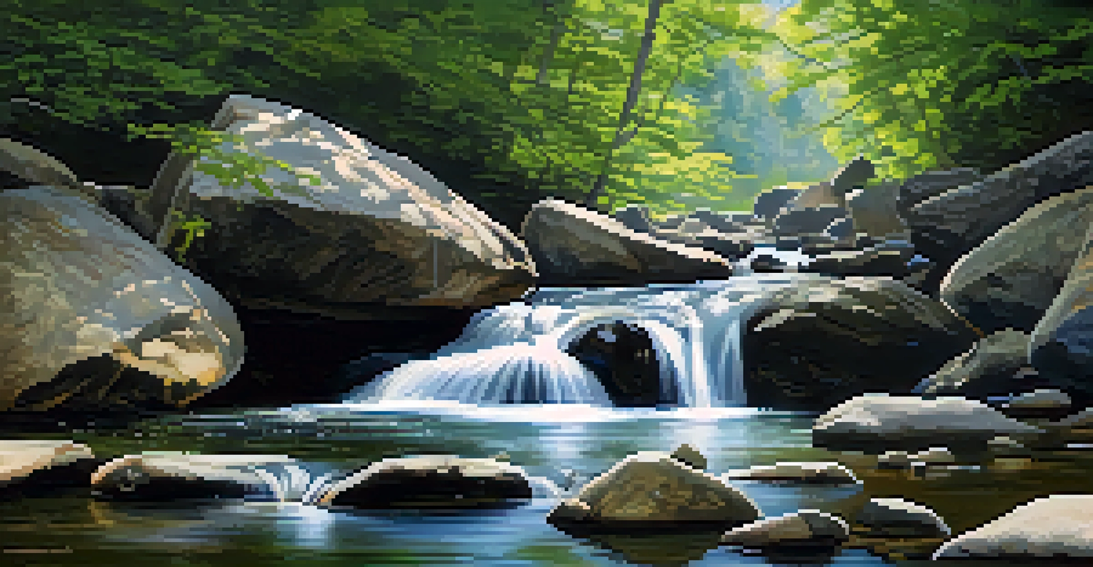 A serene mountain stream flowing through lush greenery in the Blue Ridge Mountains.