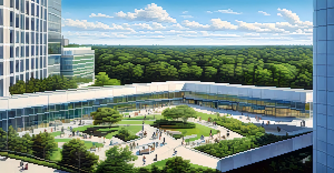 A wide view of Research Triangle Park featuring modern buildings amidst greenery, with people engaging in conversations.