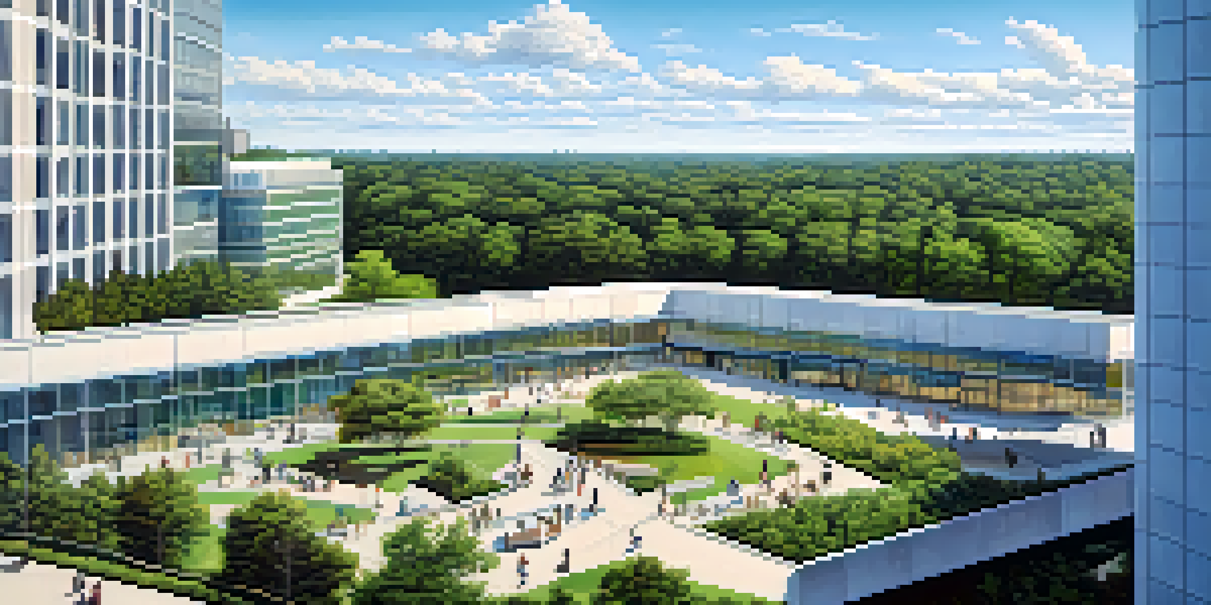 A wide view of Research Triangle Park featuring modern buildings amidst greenery, with people engaging in conversations.