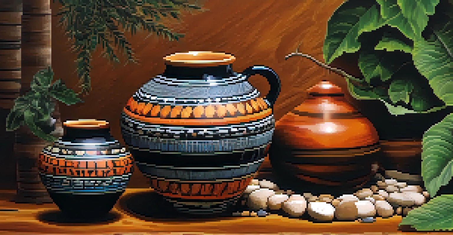 A detailed view of traditional Cherokee pottery with intricate designs and vibrant colors on a wooden table.