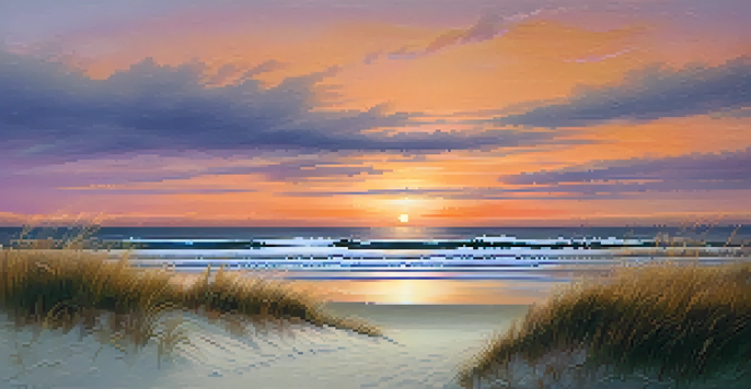 A tranquil sunset over the Atlantic Ocean at the Outer Banks, with gentle waves and silhouettes of tall grass.