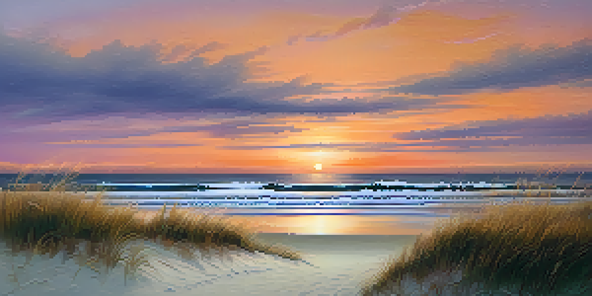 A tranquil sunset over the Atlantic Ocean at the Outer Banks, with gentle waves and silhouettes of tall grass.