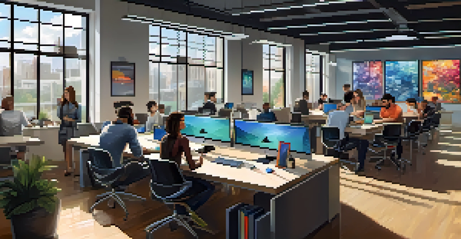 A modern office space with young professionals working together, surrounded by laptops and tech gadgets.
