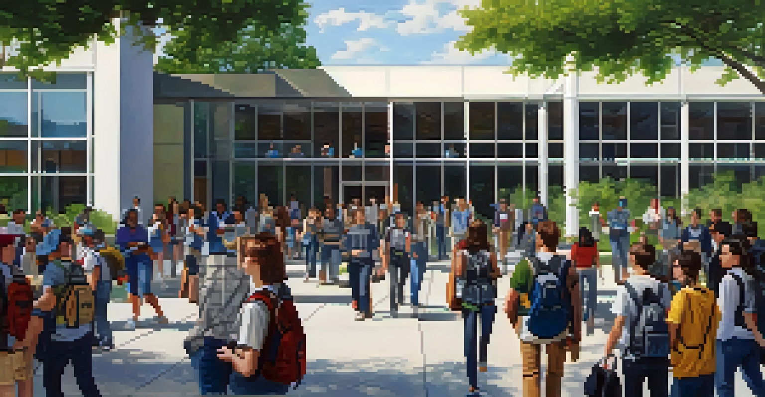 A lively community college campus with diverse students engaging and banners highlighting vocational programs.