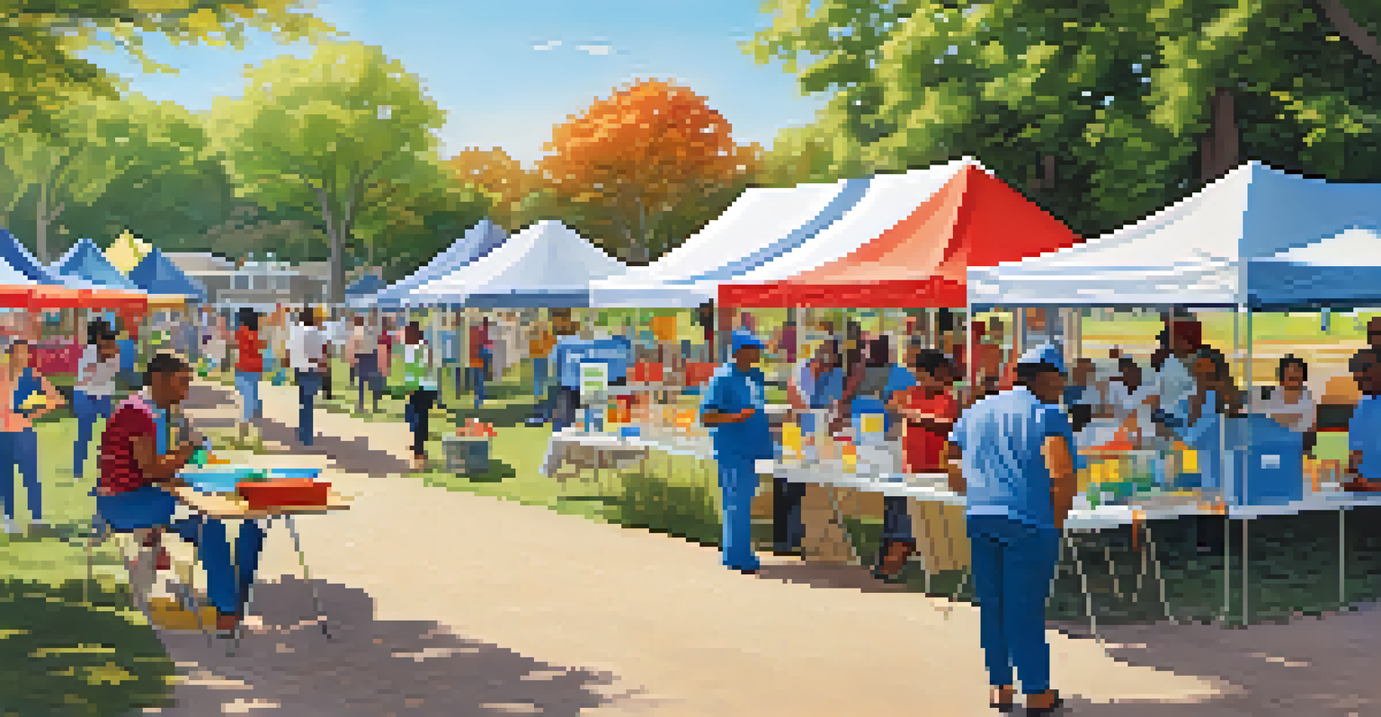 Community health workers organizing a health fair in a rural park, with tents and residents participating in wellness activities under a sunny sky.