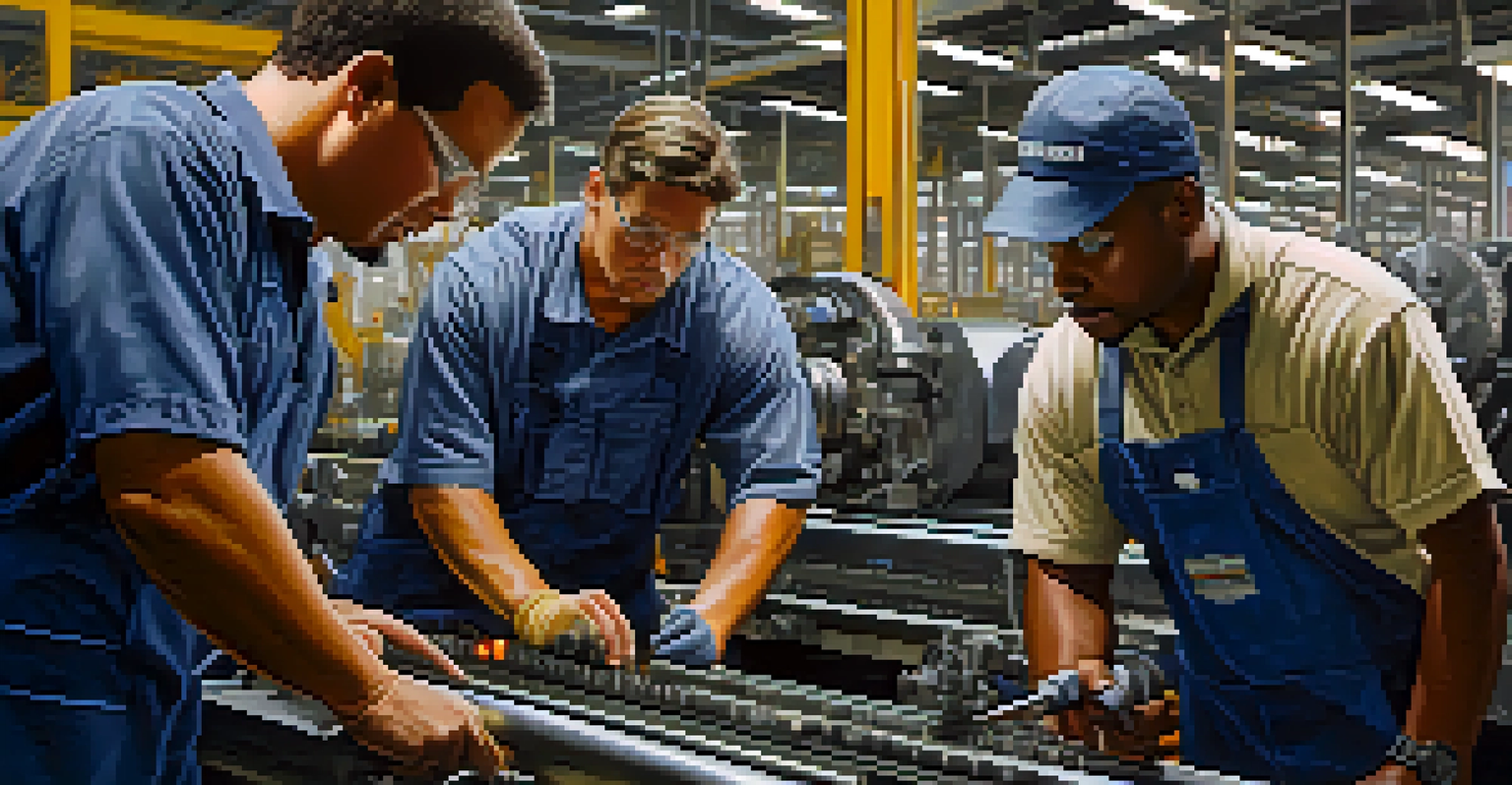 A diverse group of workers collaborating on machinery in a North Carolina manufacturing facility.