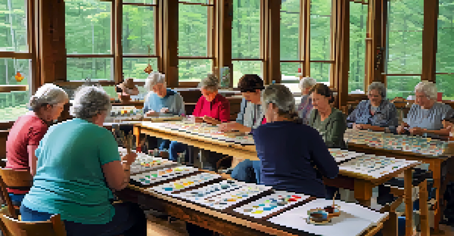 Participants engaged in a craft workshop at the Mountain Heritage Center, learning traditional Appalachian techniques in a bright and colorful environment.