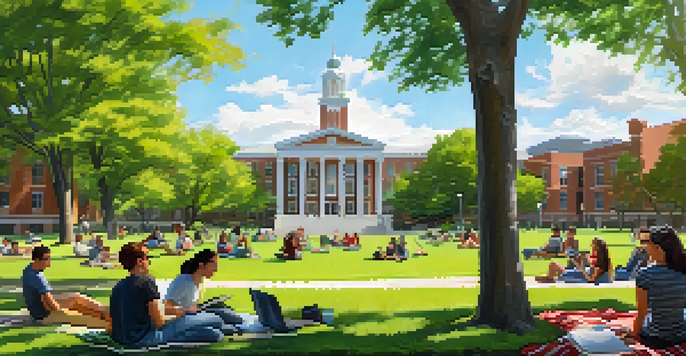 A lively campus scene with diverse students interacting on a sunny day, surrounded by greenery and university buildings.