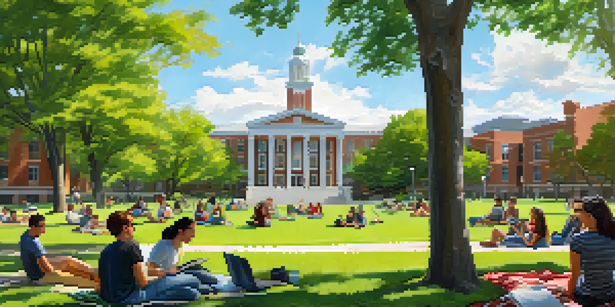 A lively campus scene with diverse students interacting on a sunny day, surrounded by greenery and university buildings.