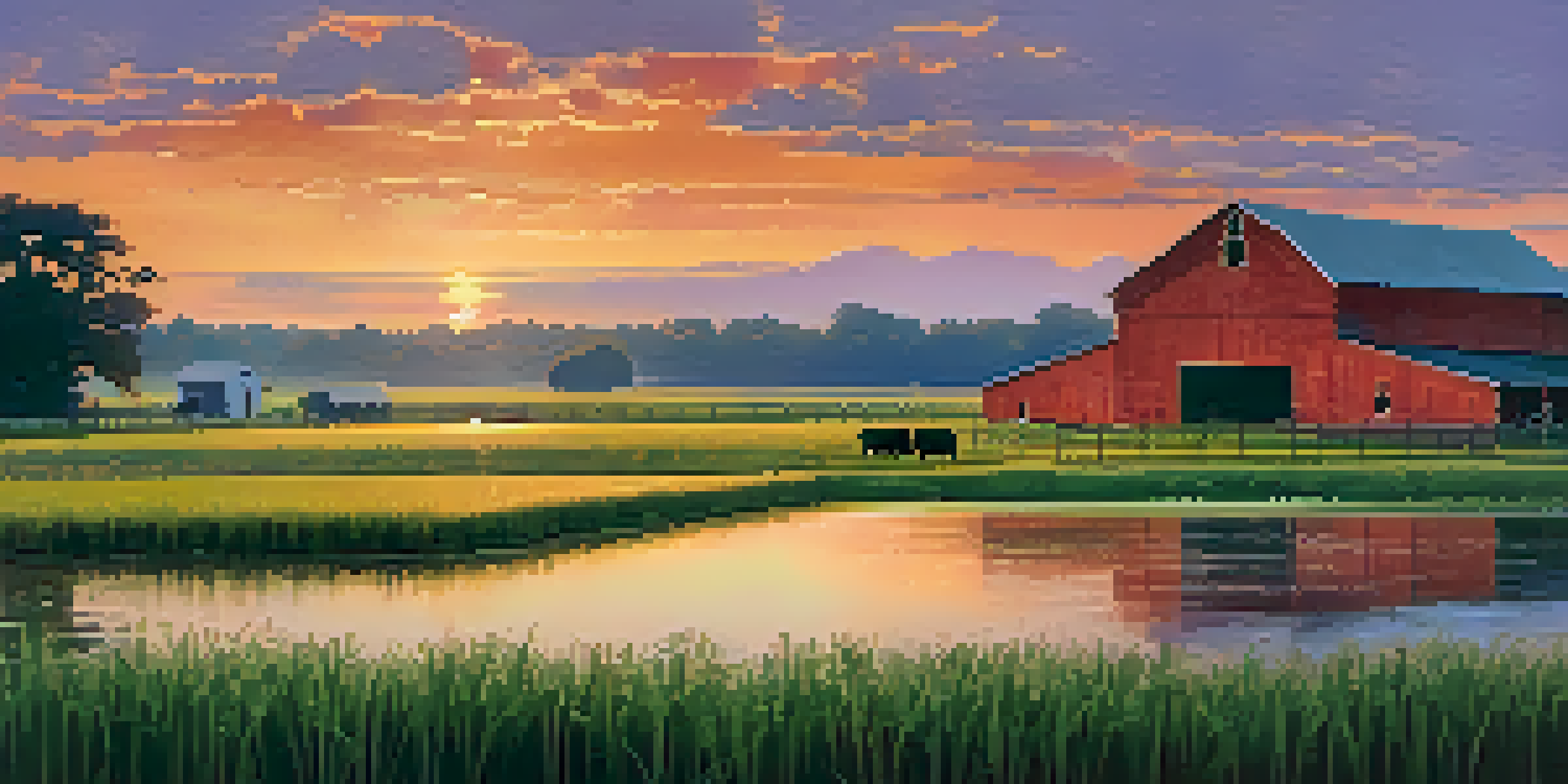 A scenic view of a North Carolina farm during sunset, showcasing vibrant skies, green crops, a red barn, and grazing cows.