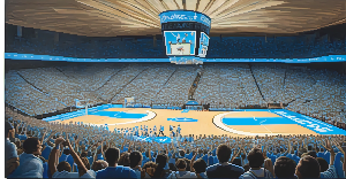 A lively college basketball game with fans in blue and white cheering for Duke and UNC, players in action on the court, and bright arena lights creating an exciting atmosphere.