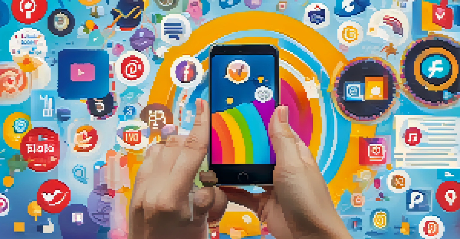 A graphic showing a young person using a smartphone with voting and community icons in a colorful digital background.