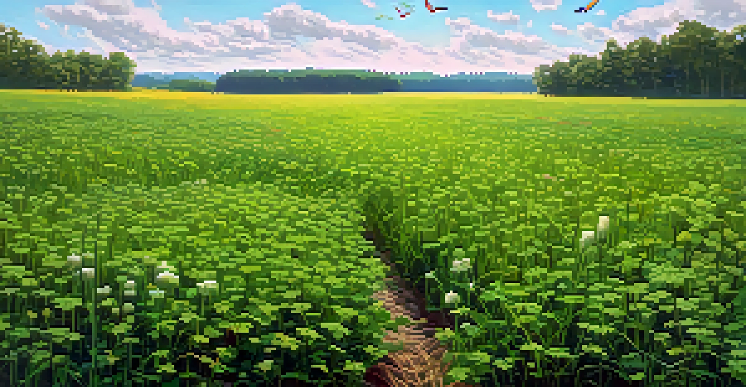 A detailed view of green cover crops like clover and rye in North Carolina, showcasing soil texture and butterflies.
