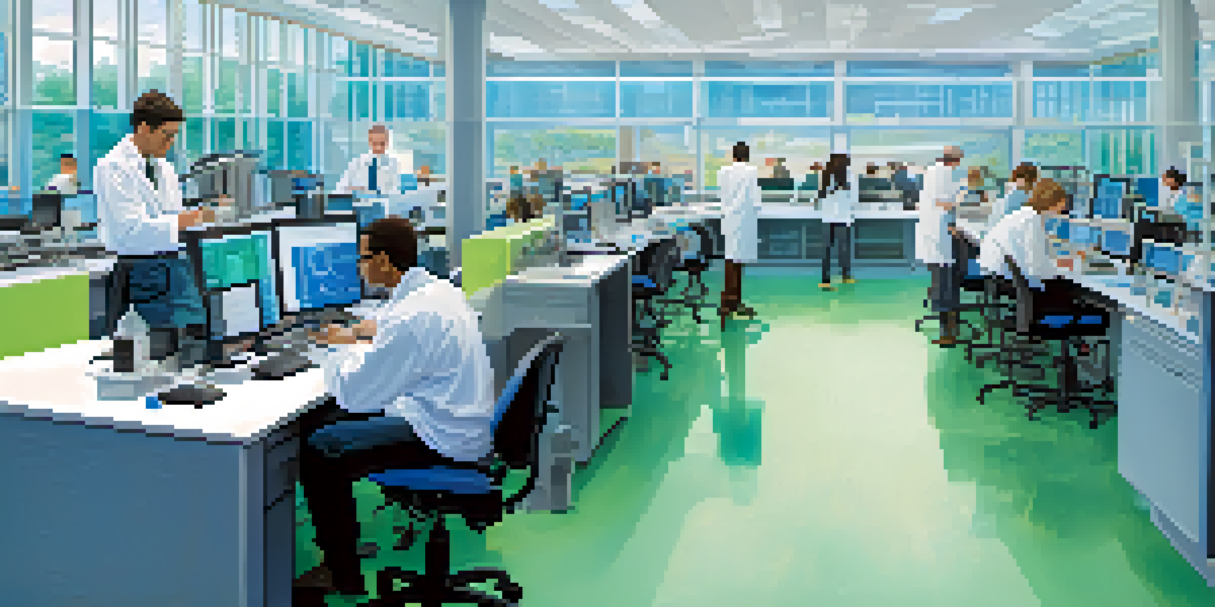 A modern research lab filled with diverse students and faculty collaborating on projects, surrounded by high-tech equipment and natural light.