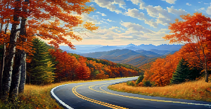 A scenic view of the Blue Ridge Parkway with colorful autumn leaves, mountains, and a winding road.