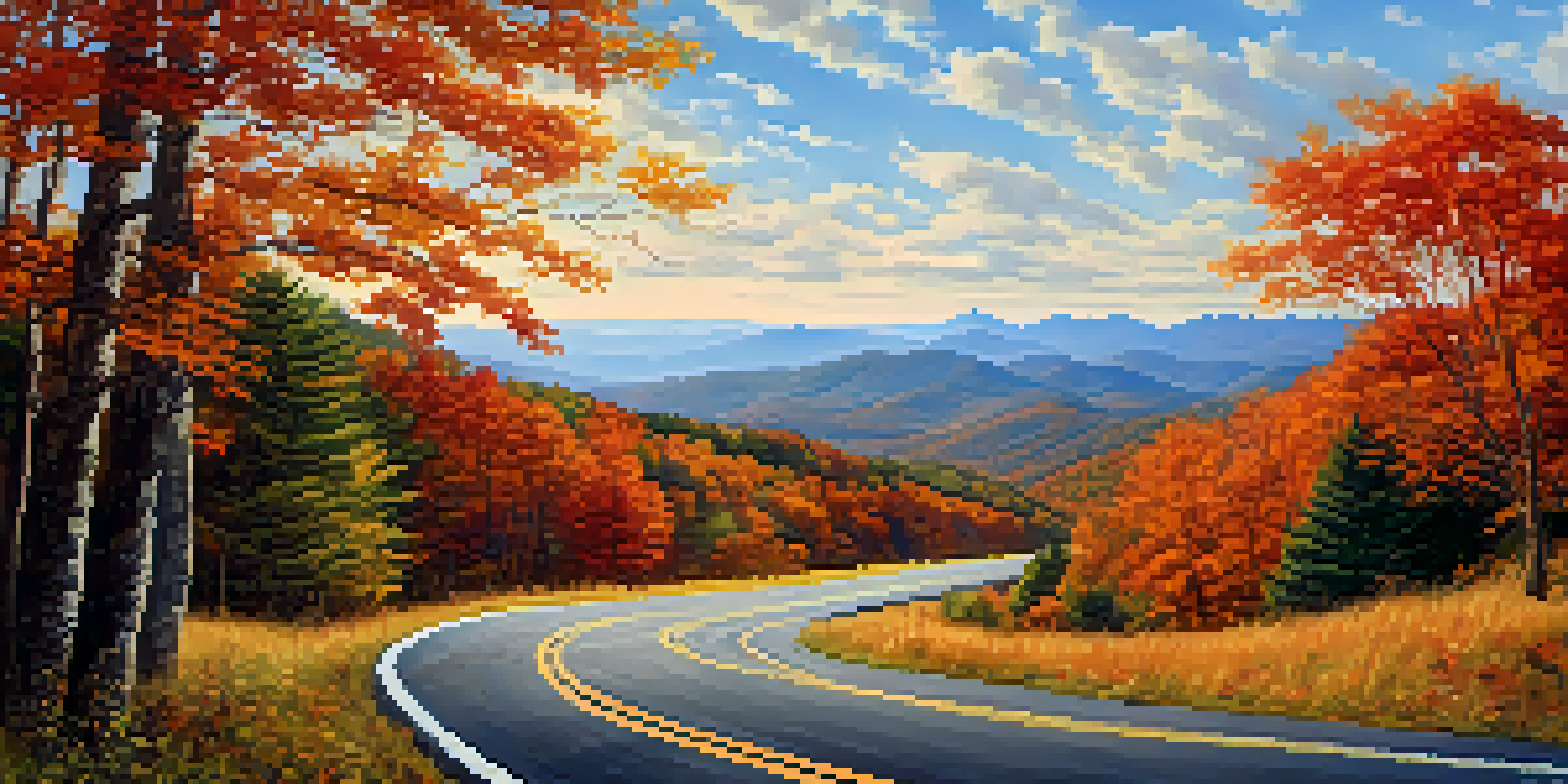 A scenic view of the Blue Ridge Parkway with colorful autumn leaves, mountains, and a winding road.