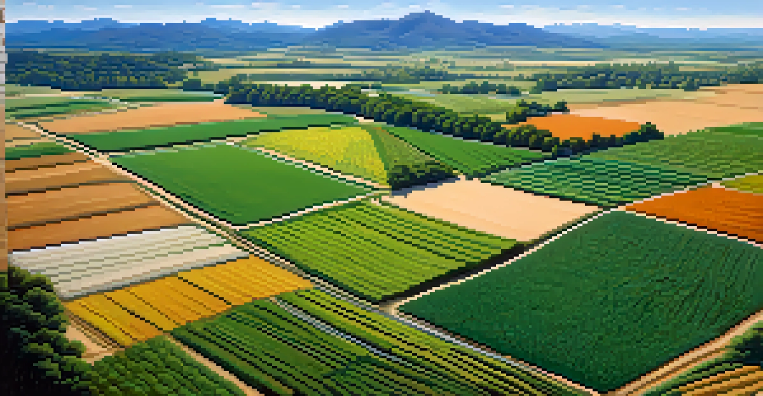 Aerial view of North Carolina farmland showcasing healthy crops and modern agricultural practices under a clear sky.