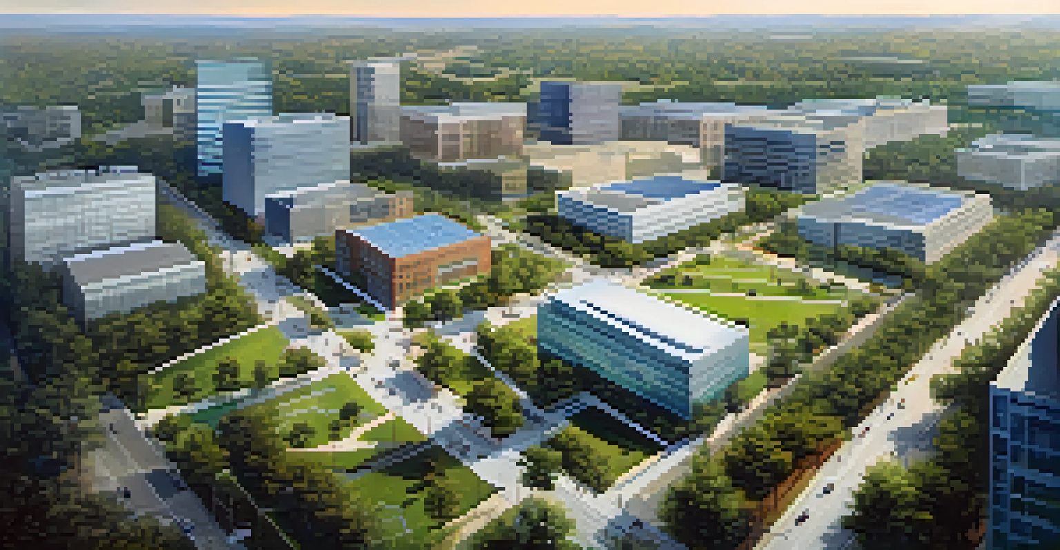 Aerial view of Research Triangle Park in North Carolina, featuring modern buildings and green spaces filled with people collaborating.