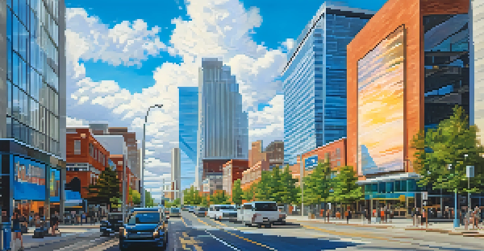 A bustling downtown scene in Raleigh, North Carolina, filled with modern buildings, people walking, and tech advertisements under a clear blue sky.