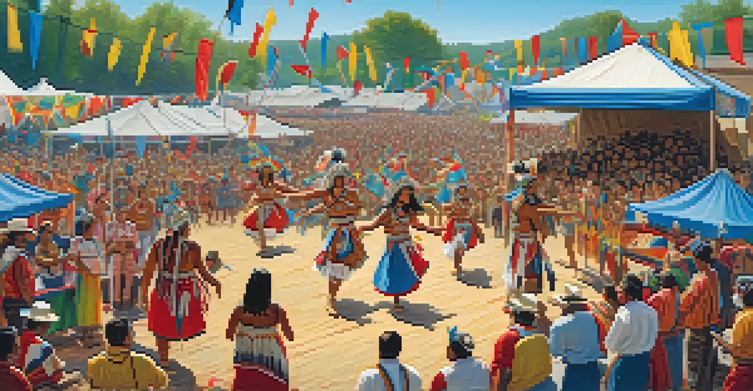 A vibrant festival scene with Cherokee dancers in traditional attire performing, surrounded by an engaged audience and colorful decorations.