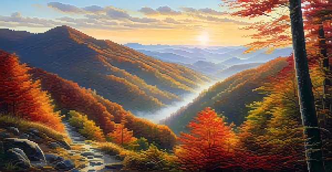 A peaceful scene of the Great Smoky Mountains at sunrise with a winding trail leading to a sacred site, surrounded by colorful fall trees and soft sunlight.