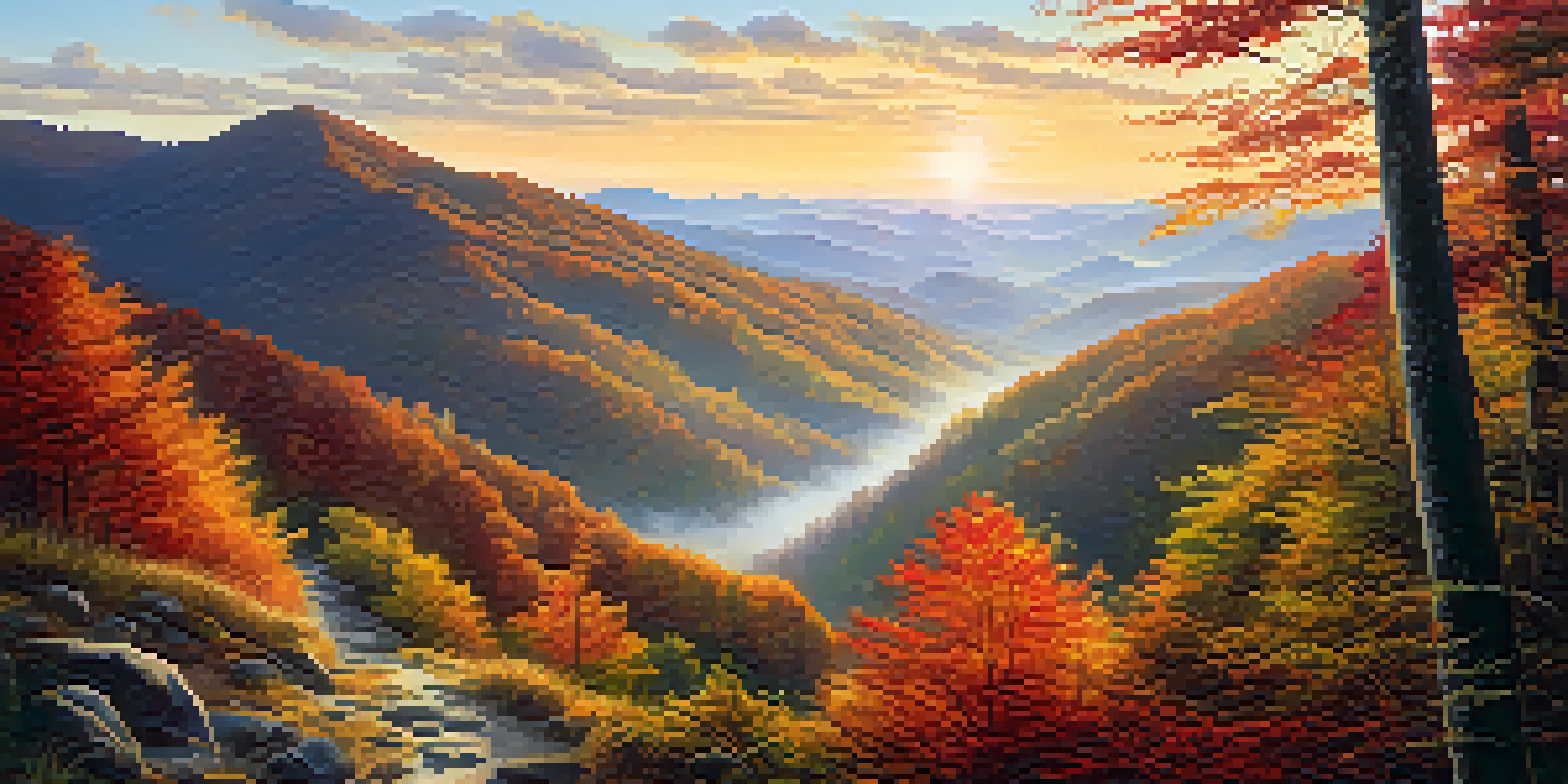 A peaceful scene of the Great Smoky Mountains at sunrise with a winding trail leading to a sacred site, surrounded by colorful fall trees and soft sunlight.