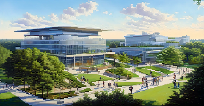 A wide view of Research Triangle Park with modern buildings and greenery, depicting a vibrant tech community.