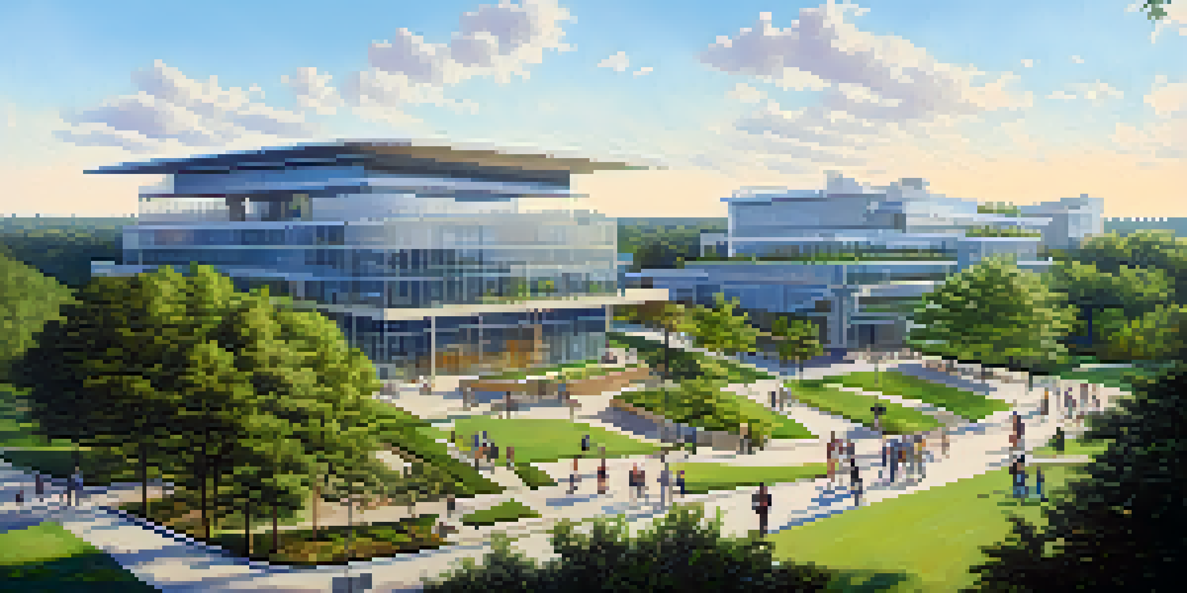 A wide view of Research Triangle Park with modern buildings and greenery, depicting a vibrant tech community.