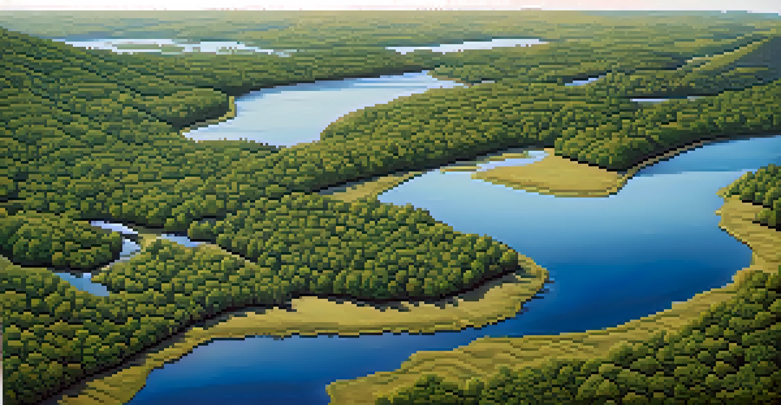 An aerial view of North Carolina's varied landscapes, showing forests, hills, and a river under a blue sky.