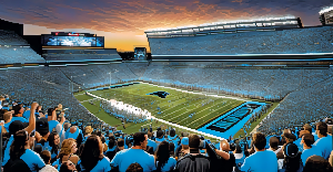 A lively crowd of Carolina Panthers fans in blue and black jerseys at Bank of America Stadium, celebrating a football game under bright stadium lights.