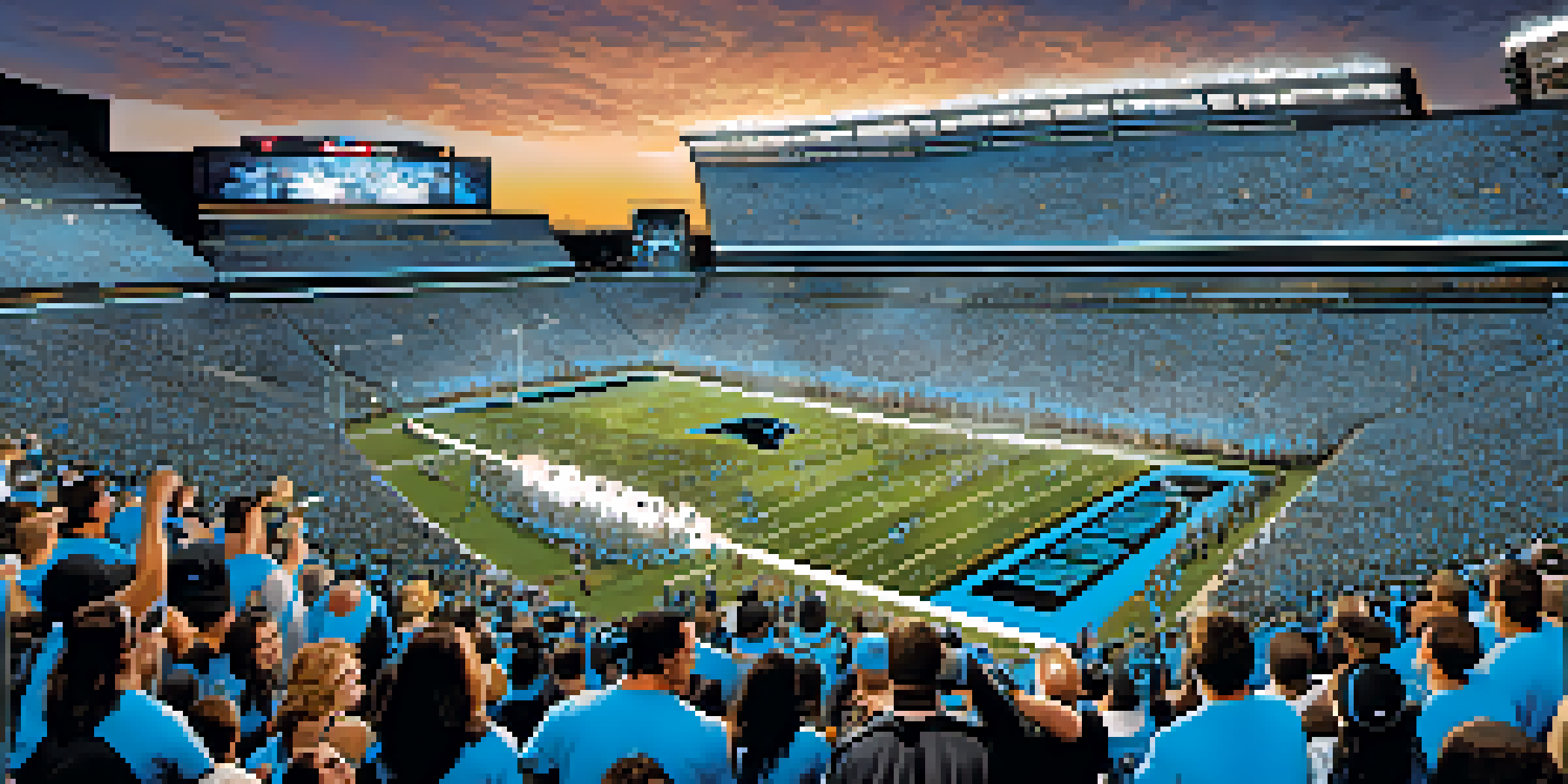 A lively crowd of Carolina Panthers fans in blue and black jerseys at Bank of America Stadium, celebrating a football game under bright stadium lights.
