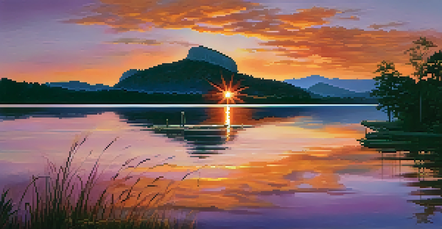 A serene lake at sunset, with vibrant colors in the sky and the silhouette of a rock formation in the background, offering a peaceful scene.