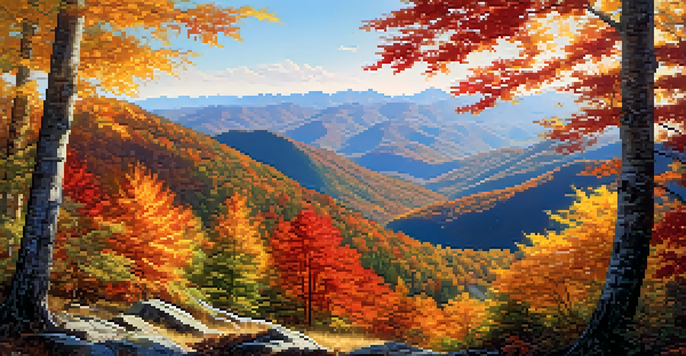 A wide view of North Carolina's mountains in autumn, featuring colorful foliage and clear skies.